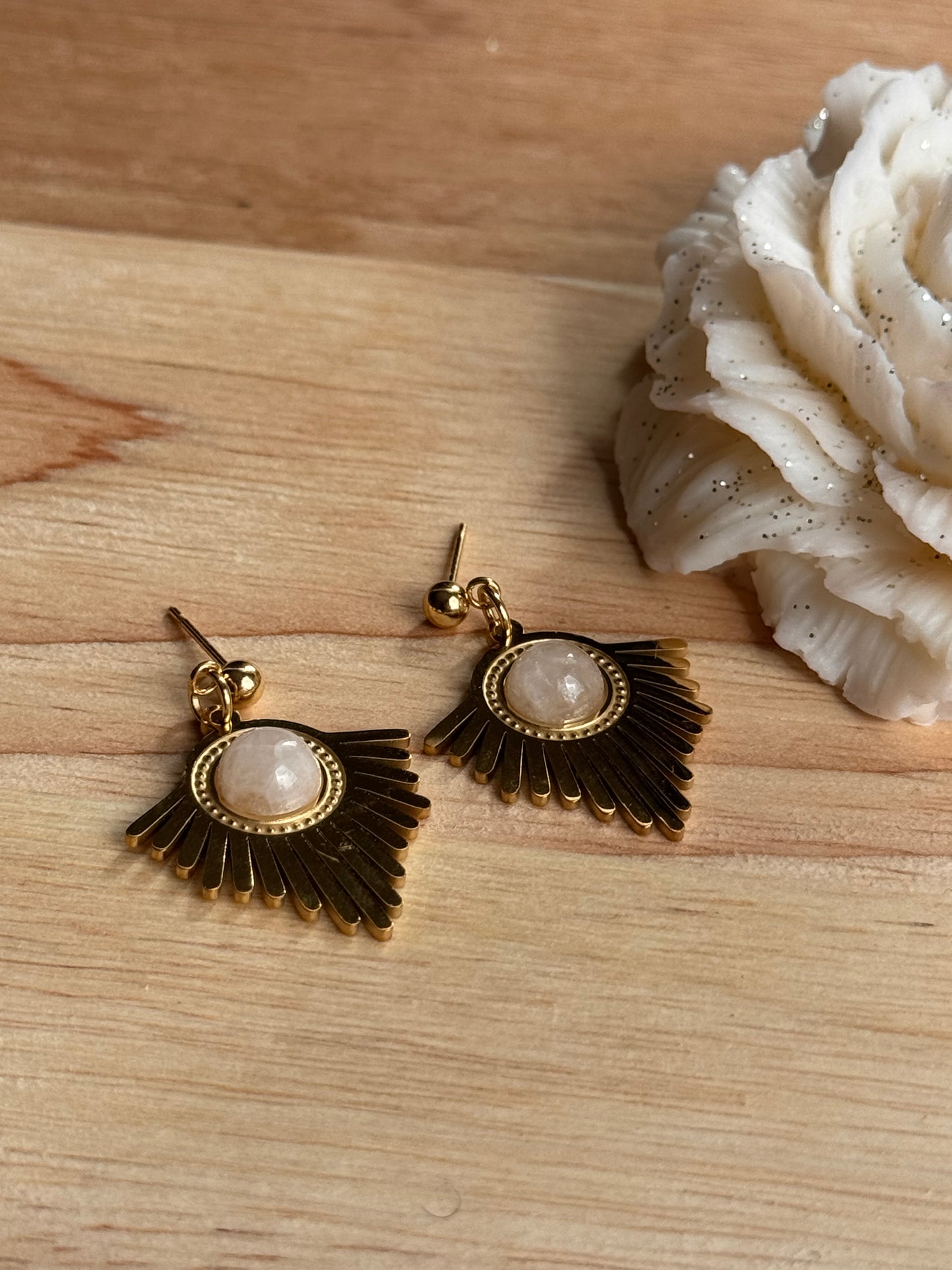 113. Boucles d'Oreilles Pendantes en Acier Inoxydable Doré - Quartz rose