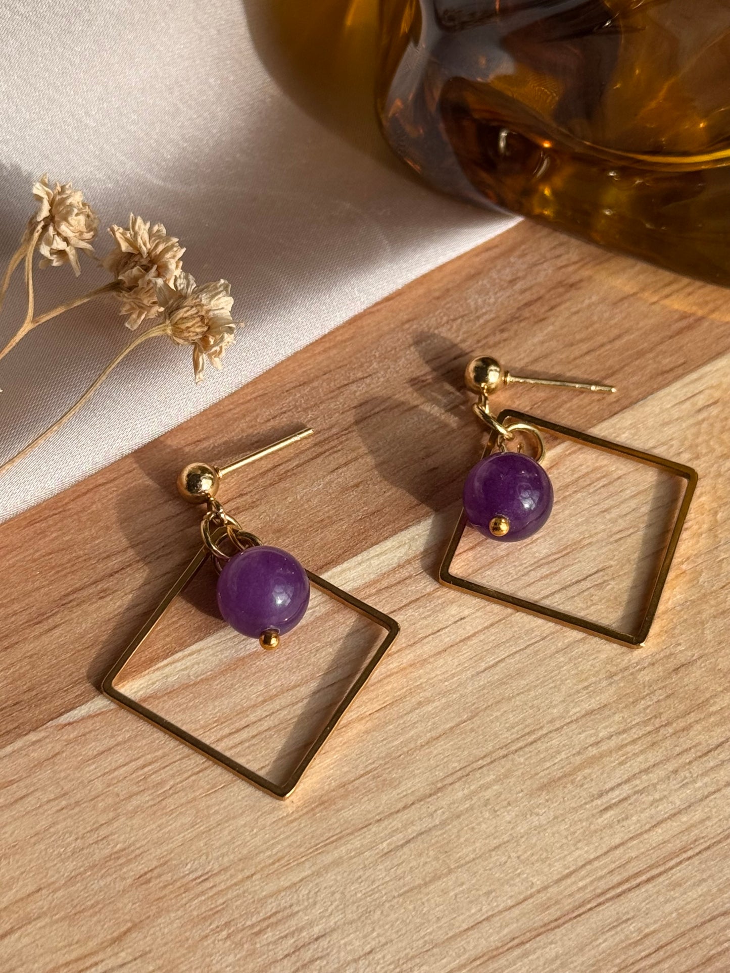35. Boucles d'Oreilles Pendantes en Acier Inoxydable - Losange et Améthyste