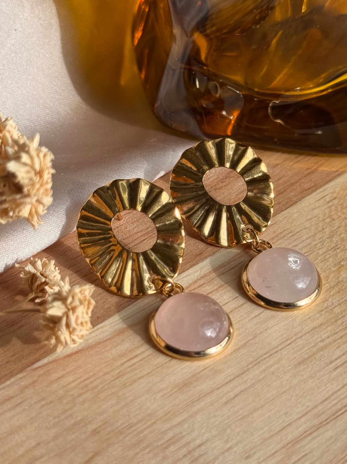 68. Boucles d'Oreilles Pendantes en Acier Inoxydable Doré - Quartz Rose