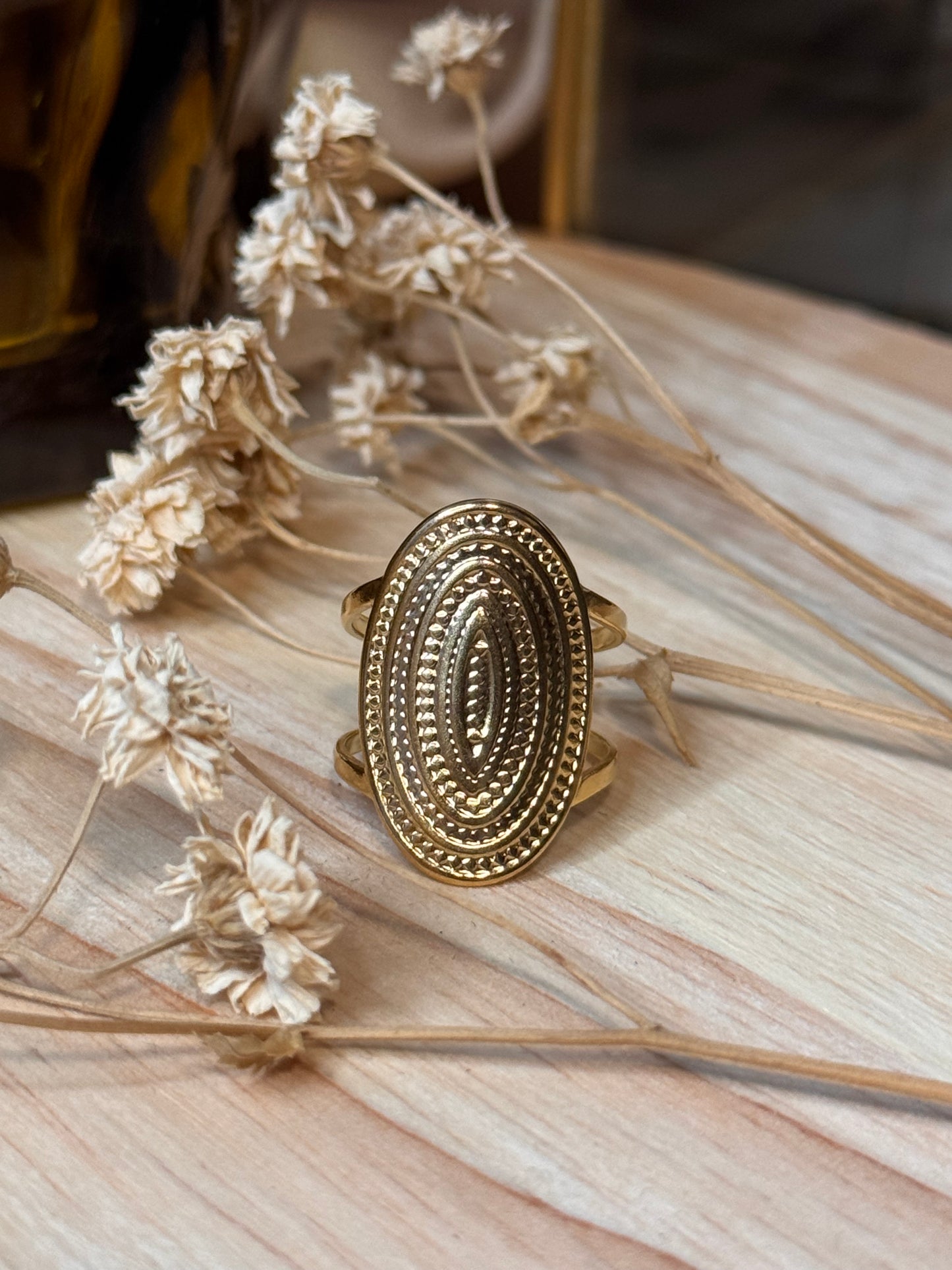 46. Ovaléa - Bague Ajustable en Acier Inoxydable – Ovale Martelé
