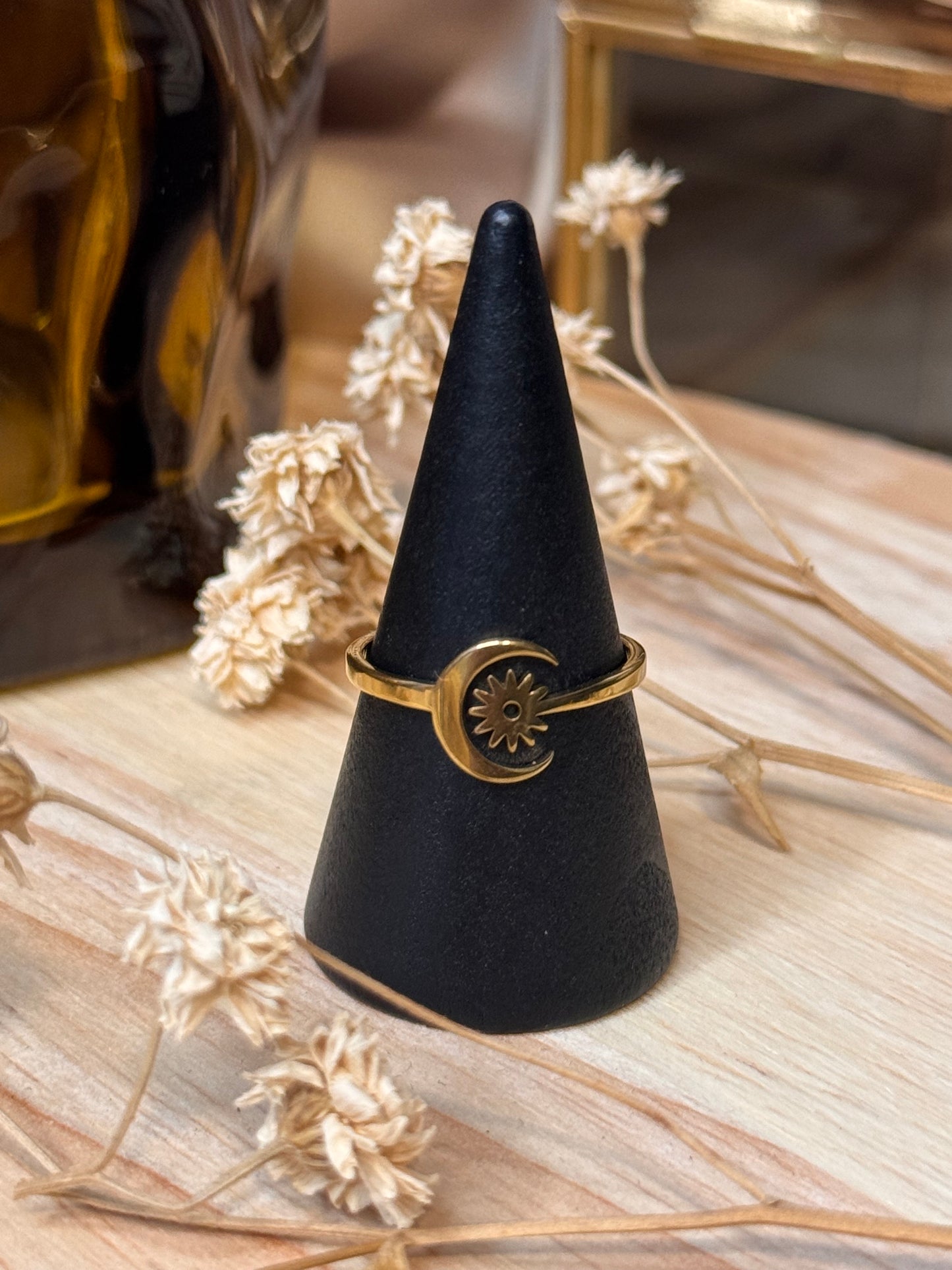 45. Soluna - Bague Ajustable en Acier Inoxydable – Lune et Soleil Enlacés