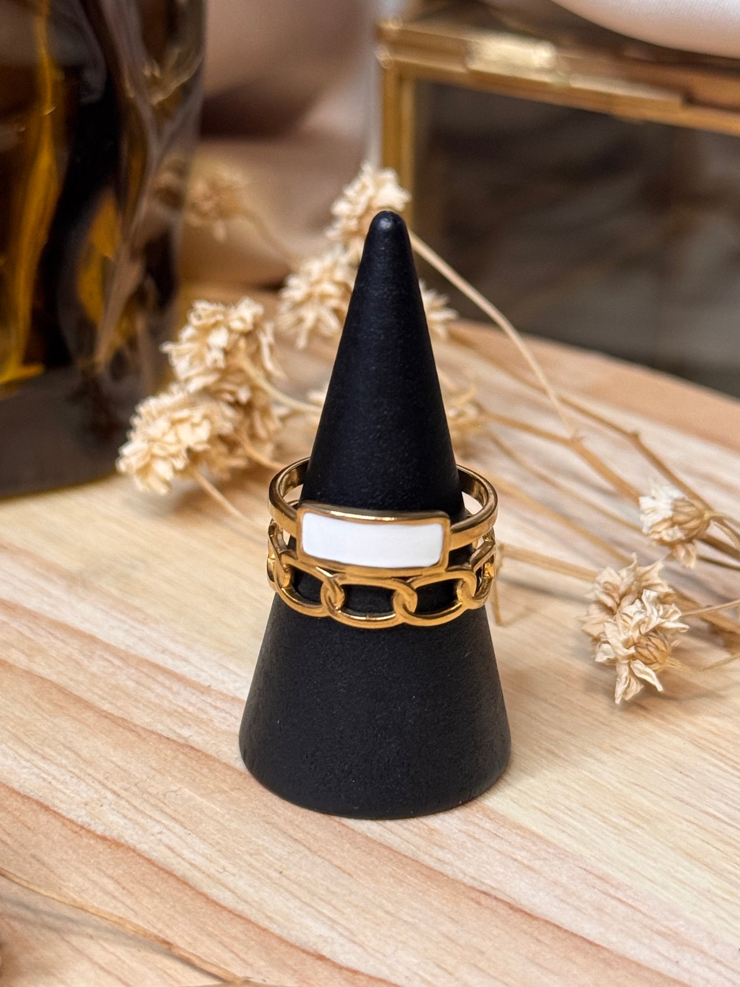 41. Eternelle - Bague Ajustable en Acier Inoxydable – Nacre & anneaux entrelacés