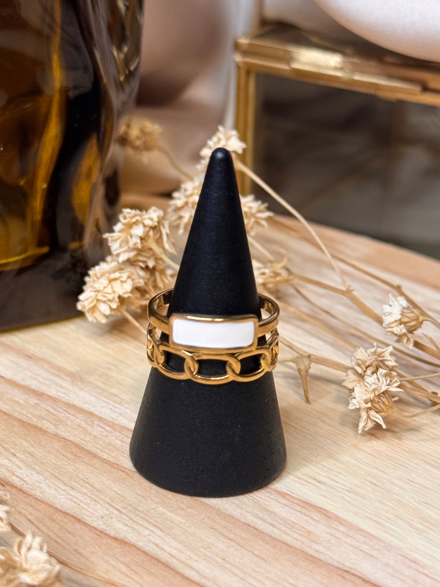 41. Eternelle - Bague Ajustable en Acier Inoxydable – Nacre & anneaux entrelacés