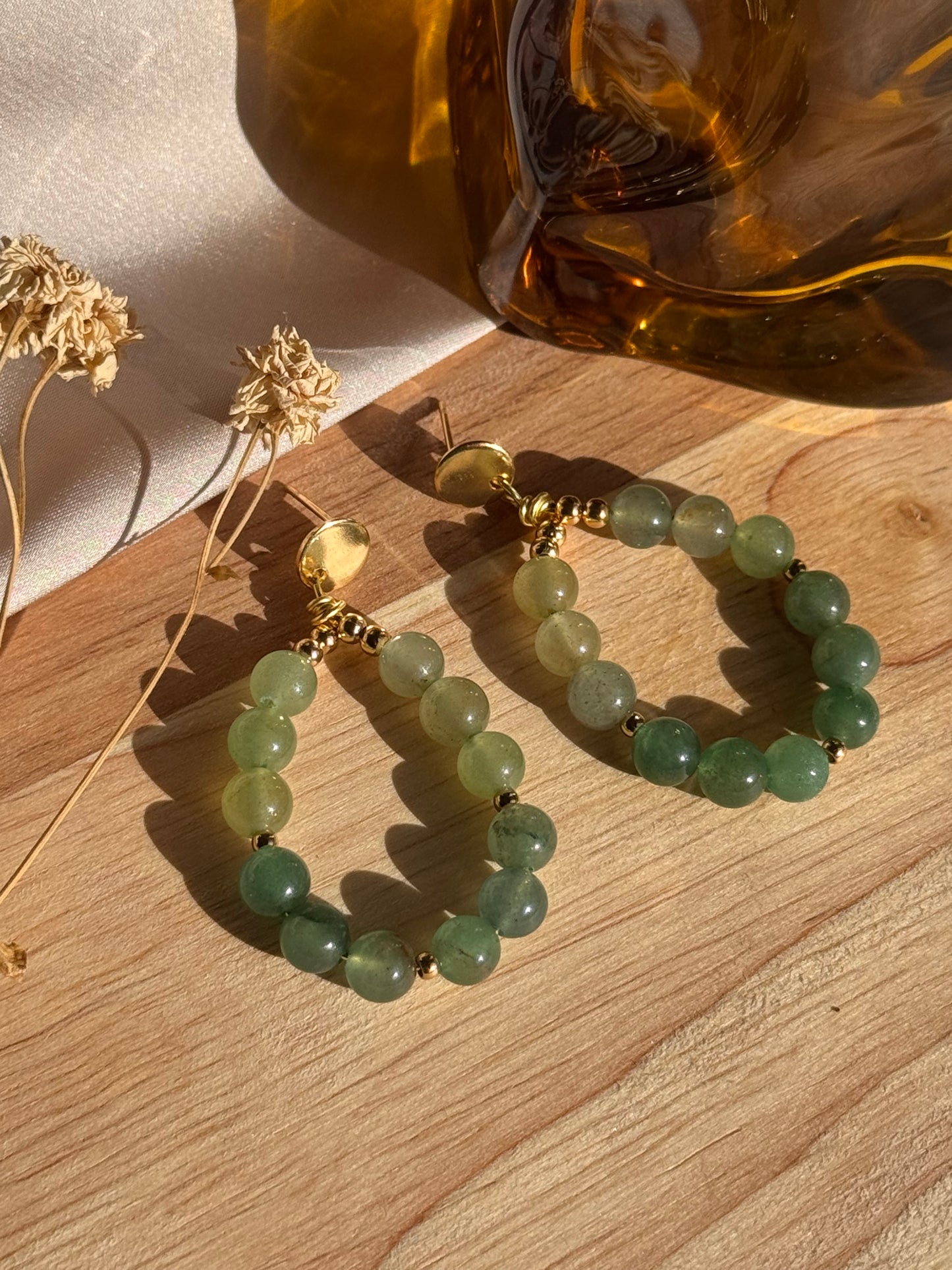 77. Verdura- Boucles d'Oreilles Pendantes en Acier Inoxydable Doré - Pierres d'Aventurine