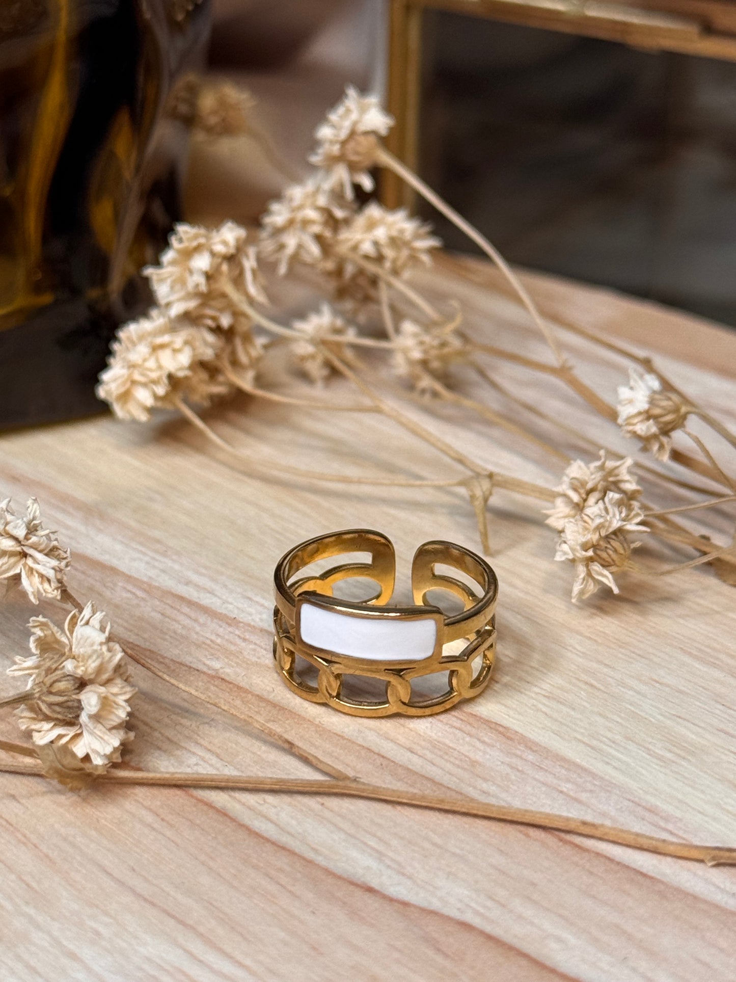 41. Eternelle - Bague Ajustable en Acier Inoxydable – Nacre & anneaux entrelacés