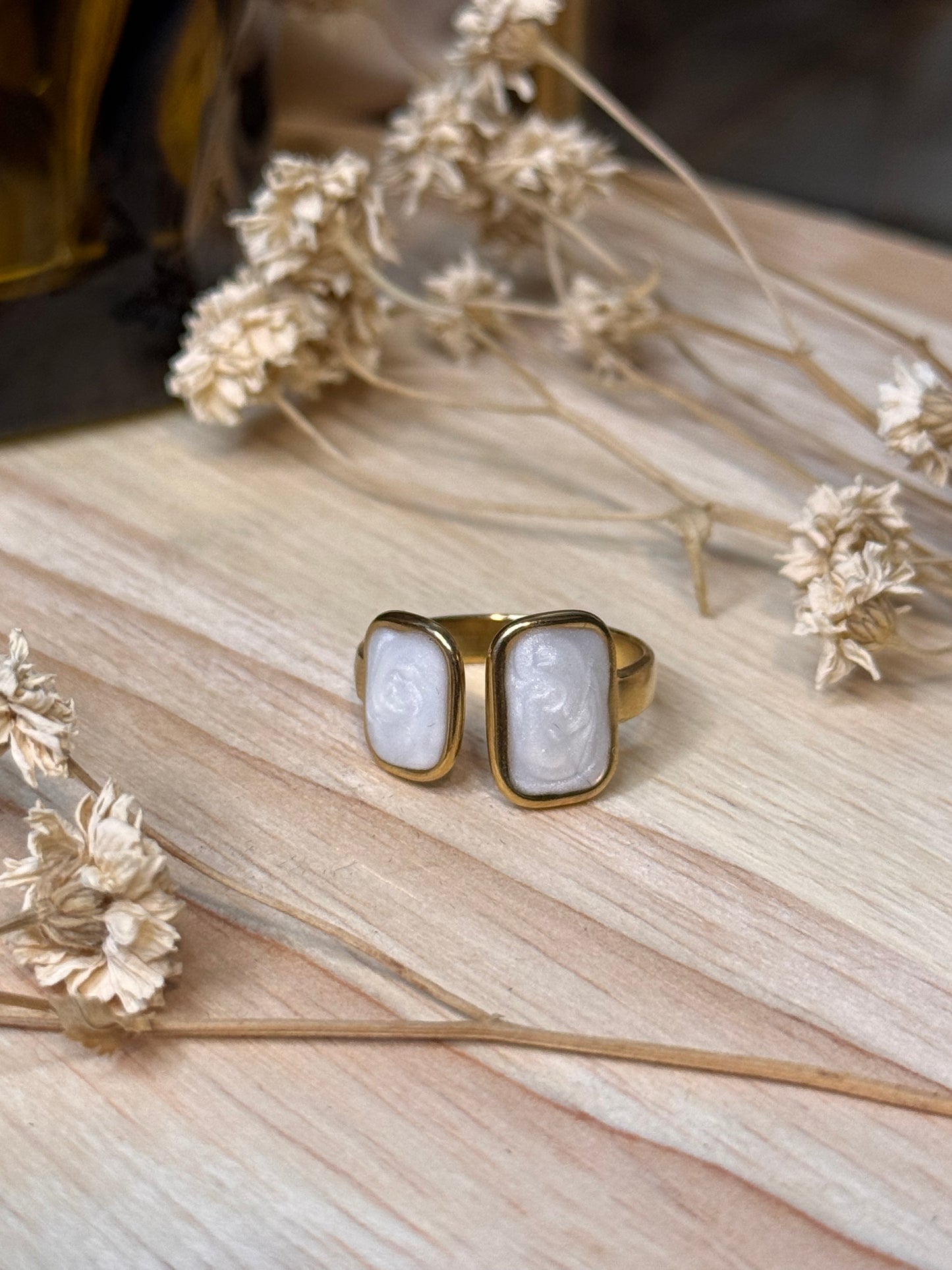 40. Nacria -Bague Ajustable en Acier Inoxydable - Nacre Blanche – Carré et Rectangle