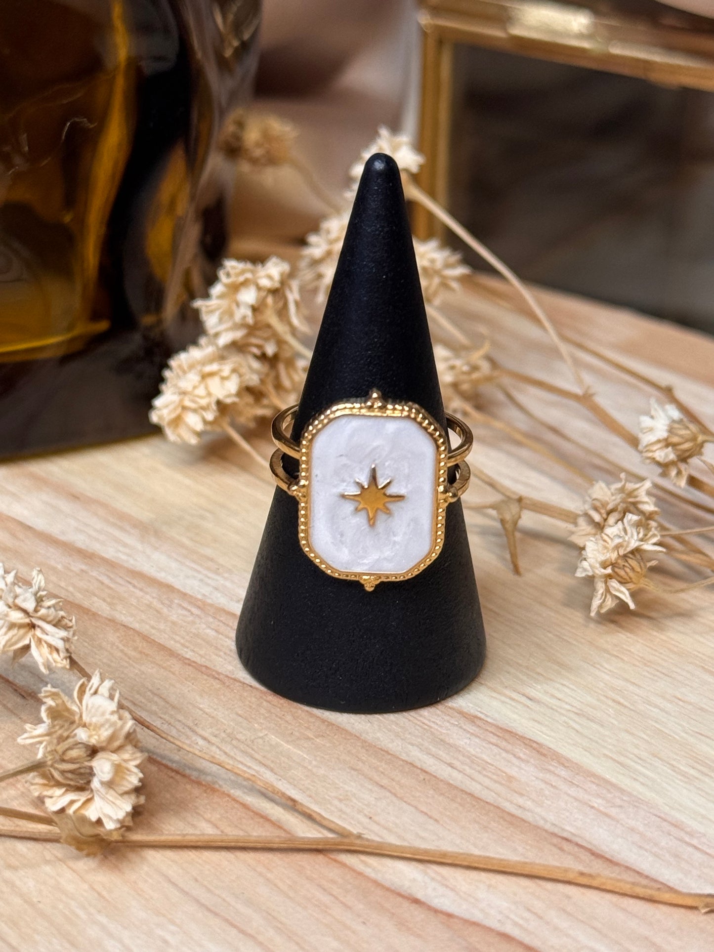 39. Stellara - Bague Ajustable en Acier Inoxydable – Nacre & Étoile Scintillante