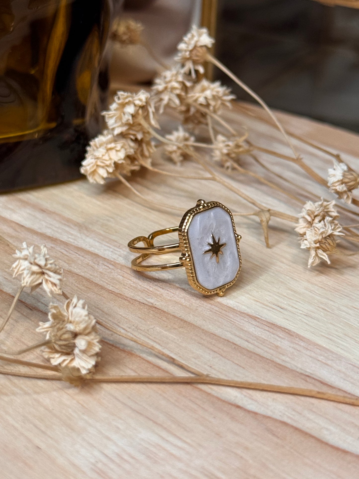 39. Stellara - Bague Ajustable en Acier Inoxydable – Nacre & Étoile Scintillante