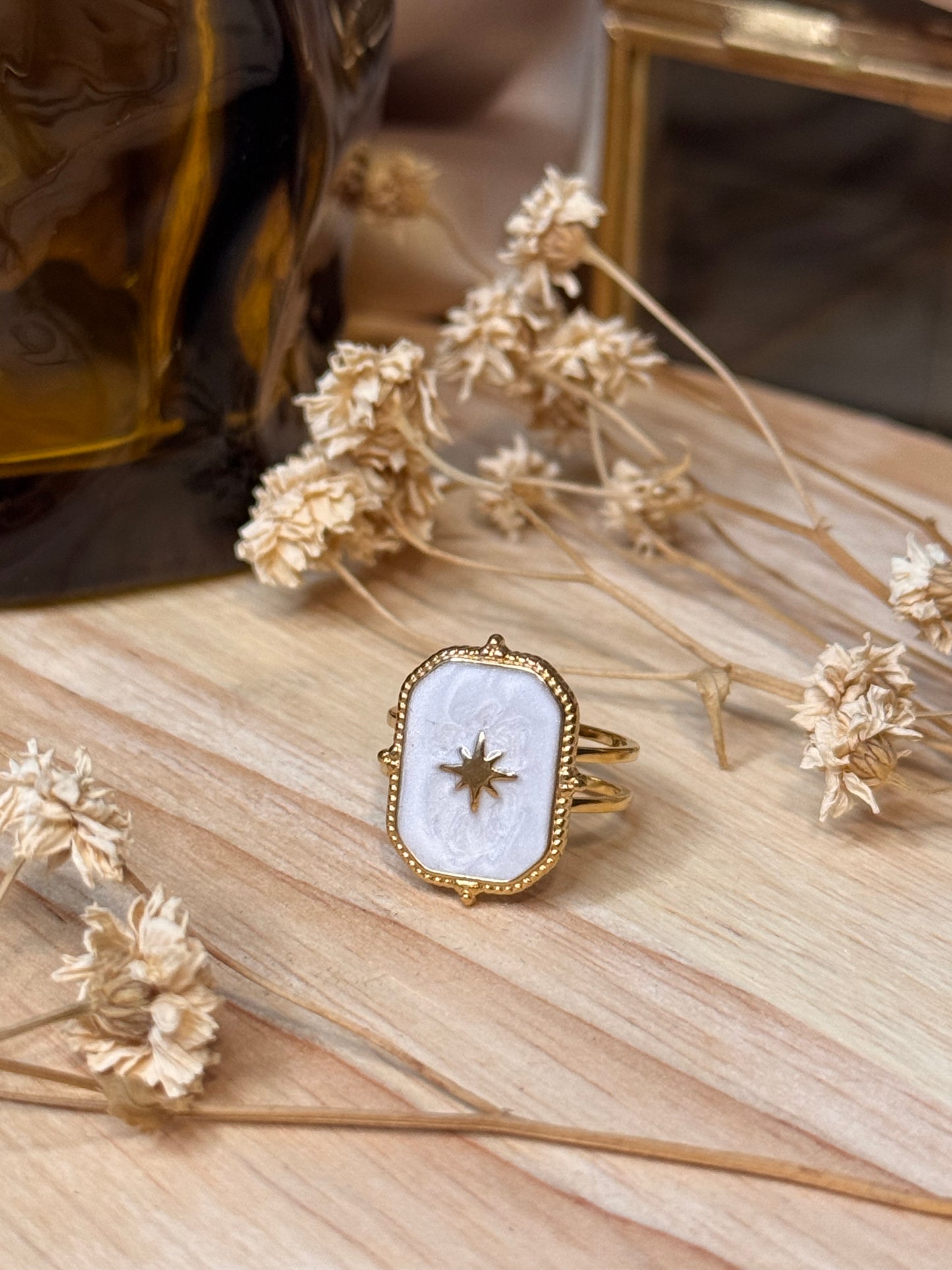 39. Stellara - Bague Ajustable en Acier Inoxydable – Nacre & Étoile Scintillante