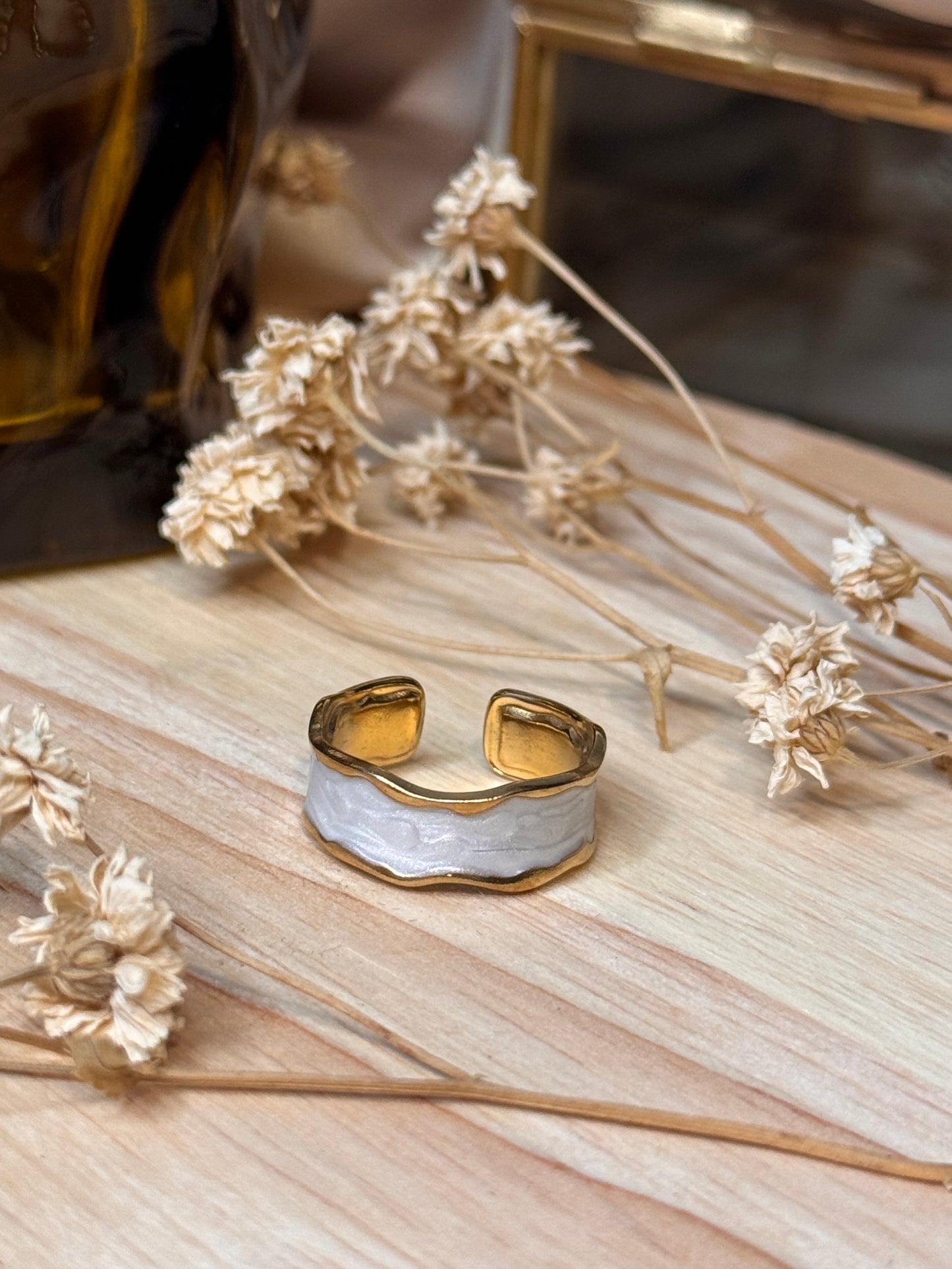 38. Opalys - Bague Ajustable en Acier Inoxydable - Nacre Blanche