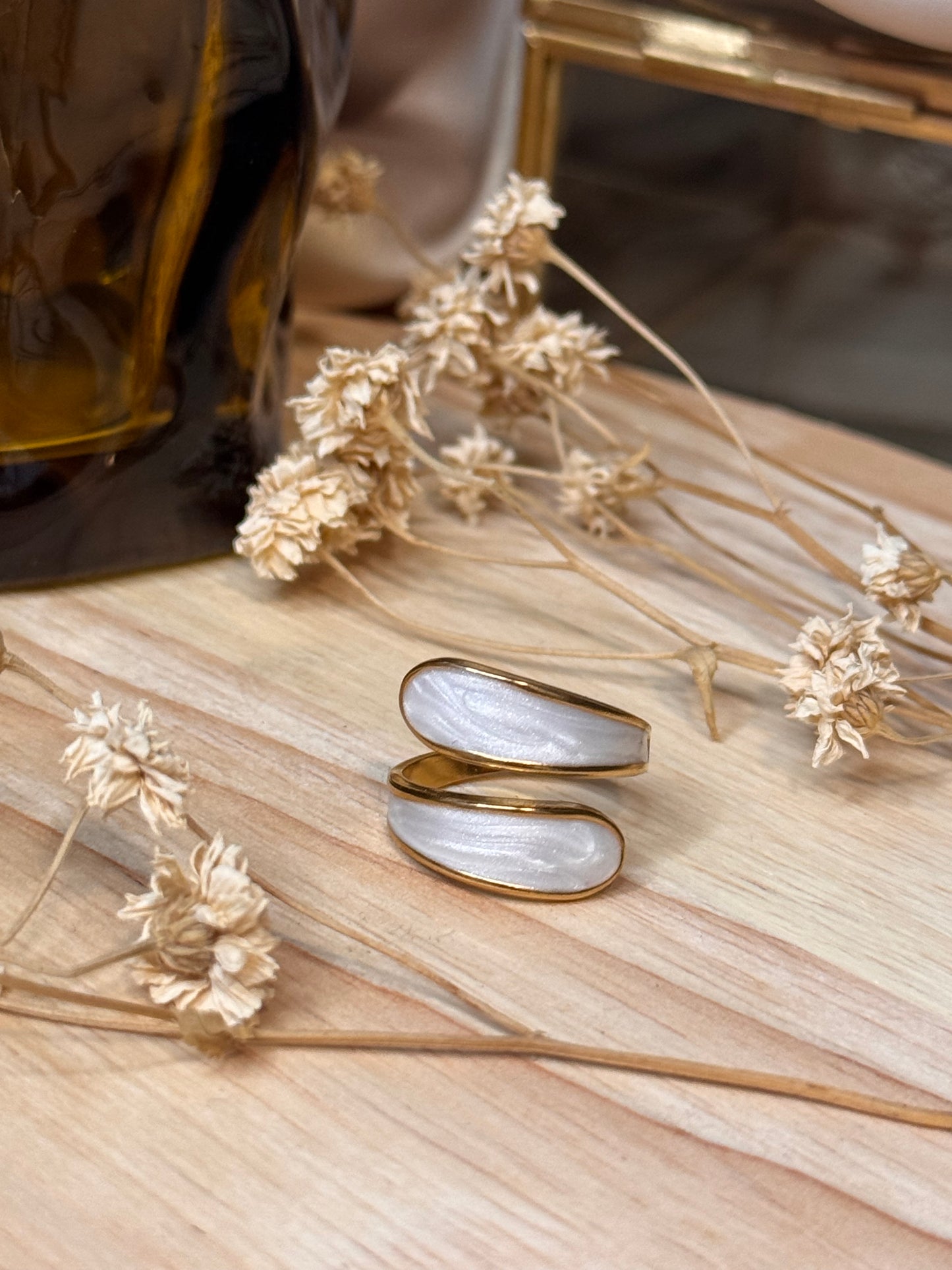 36. Sérénity - Bague Ajustable en Acier Inoxydable - Nacre Blanche