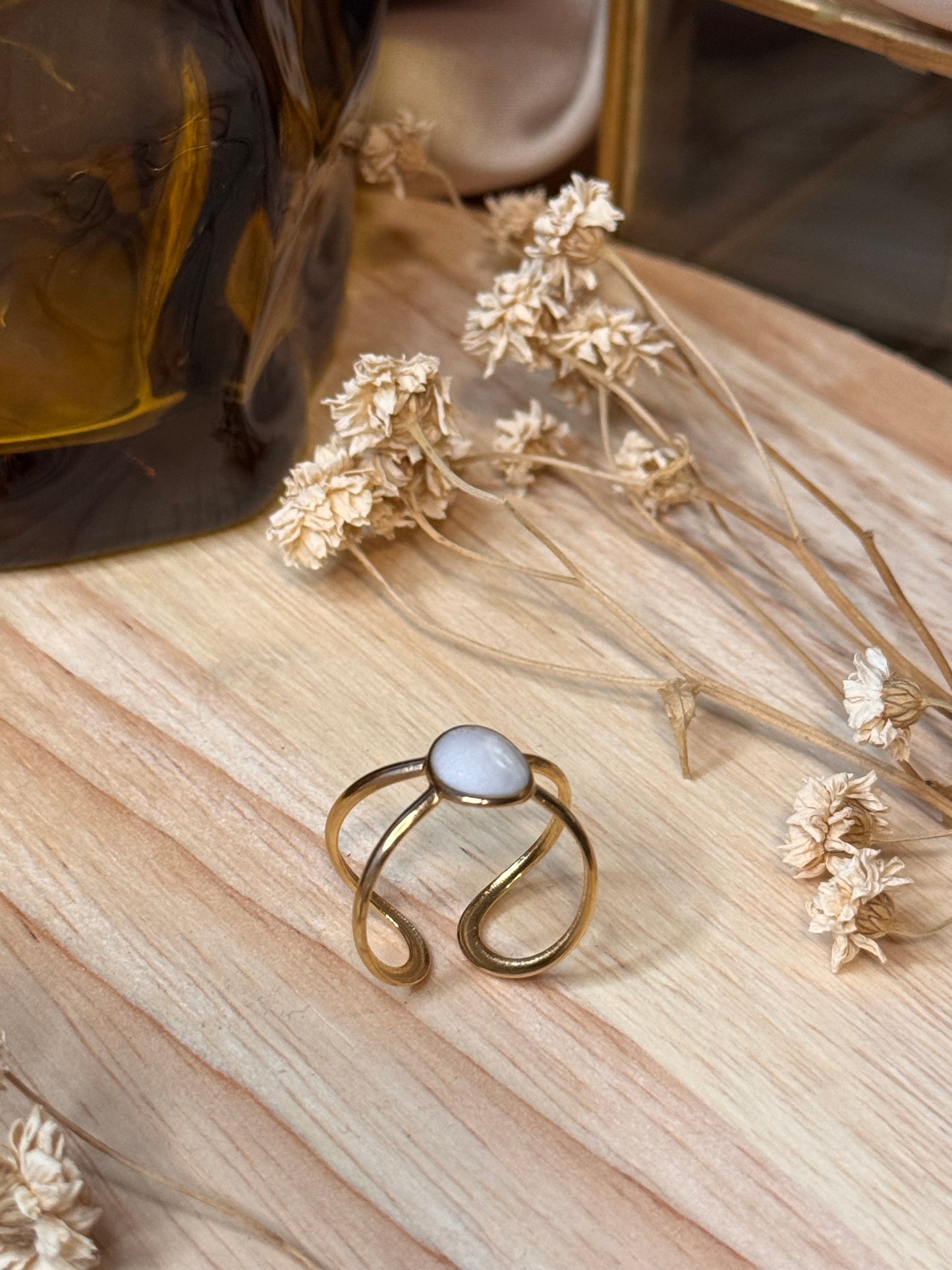 42. Ovéa - Bague Ajustable en Acier Inoxydable – Élégance Nacrée
