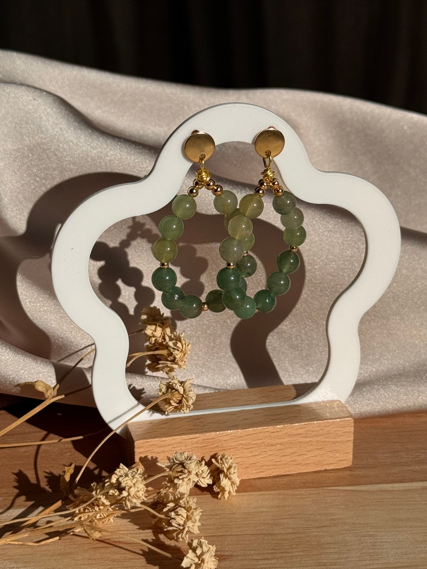 77. Verdura- Boucles d'Oreilles Pendantes en Acier Inoxydable Doré - Pierres d'Aventurine