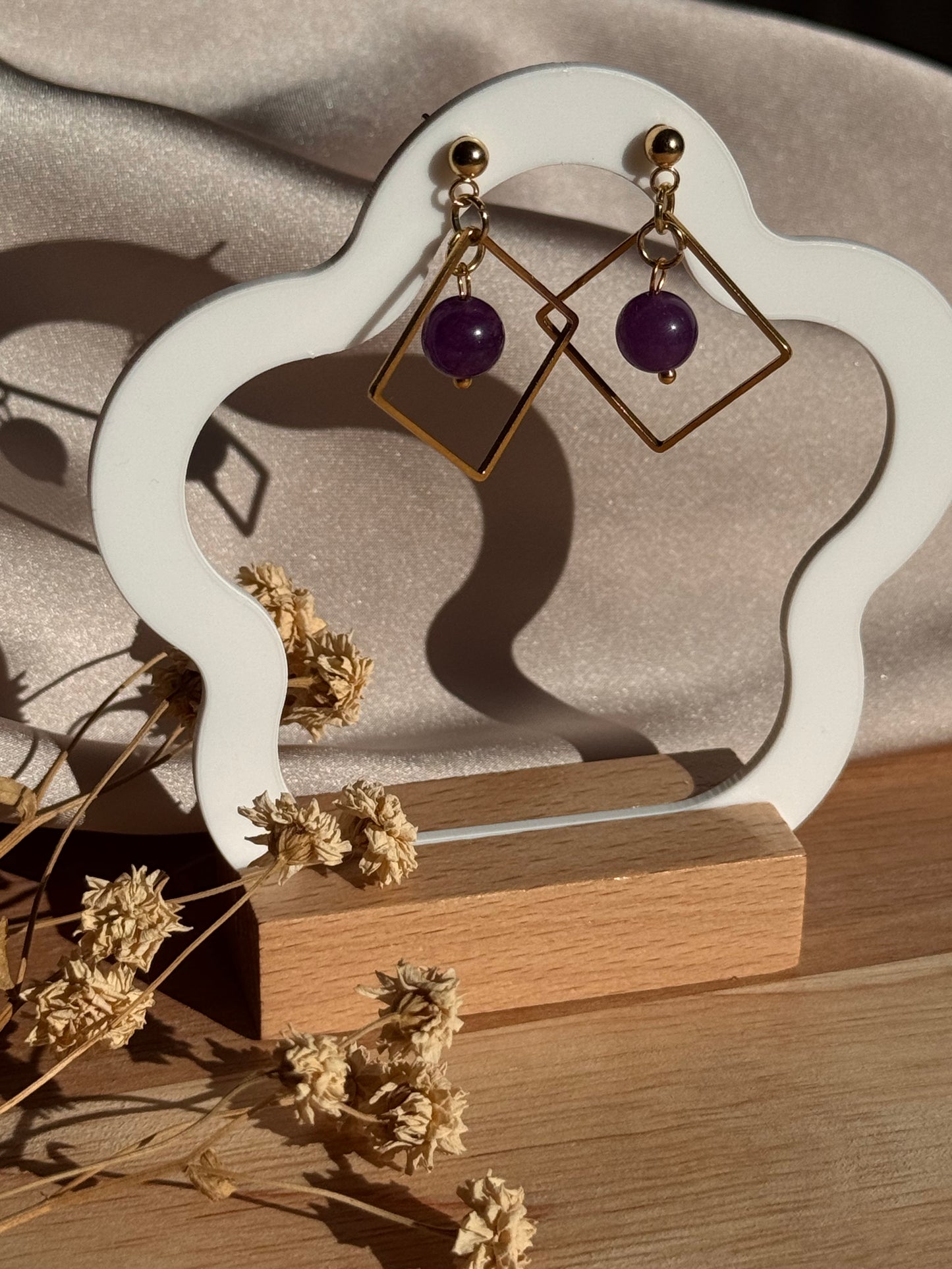 35. Boucles d'Oreilles Pendantes en Acier Inoxydable - Losange et Améthyste