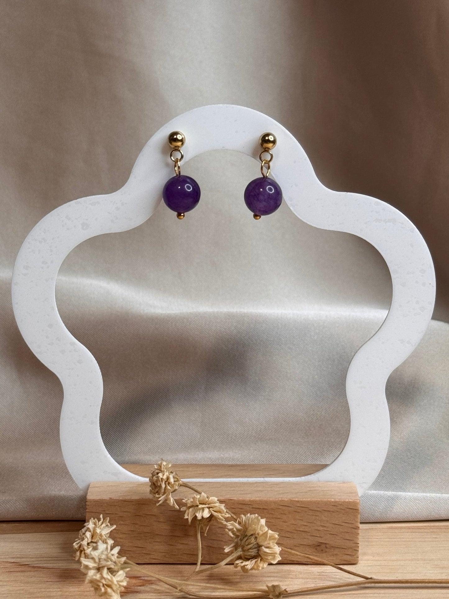 56. Boucles d'Oreilles Pendantes en Acier Inoxydable Doré avec Perle d'Améthyste