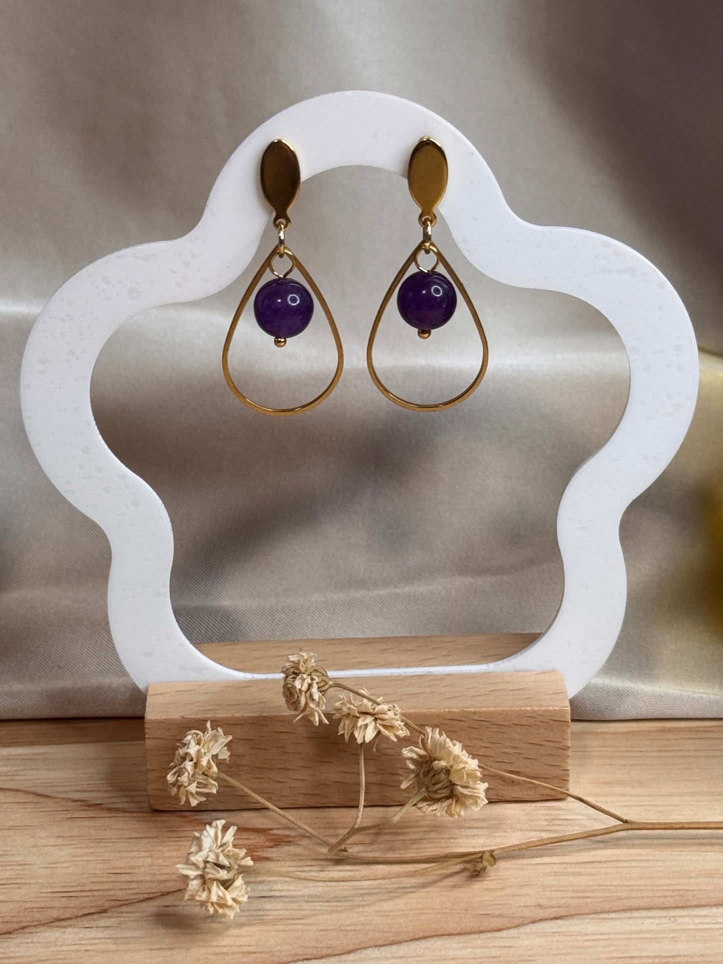 53. Azaléa - Boucles d'Oreilles Pendantes en Acier Inoxydable Doré – Goutte et Perle d’Améthyste