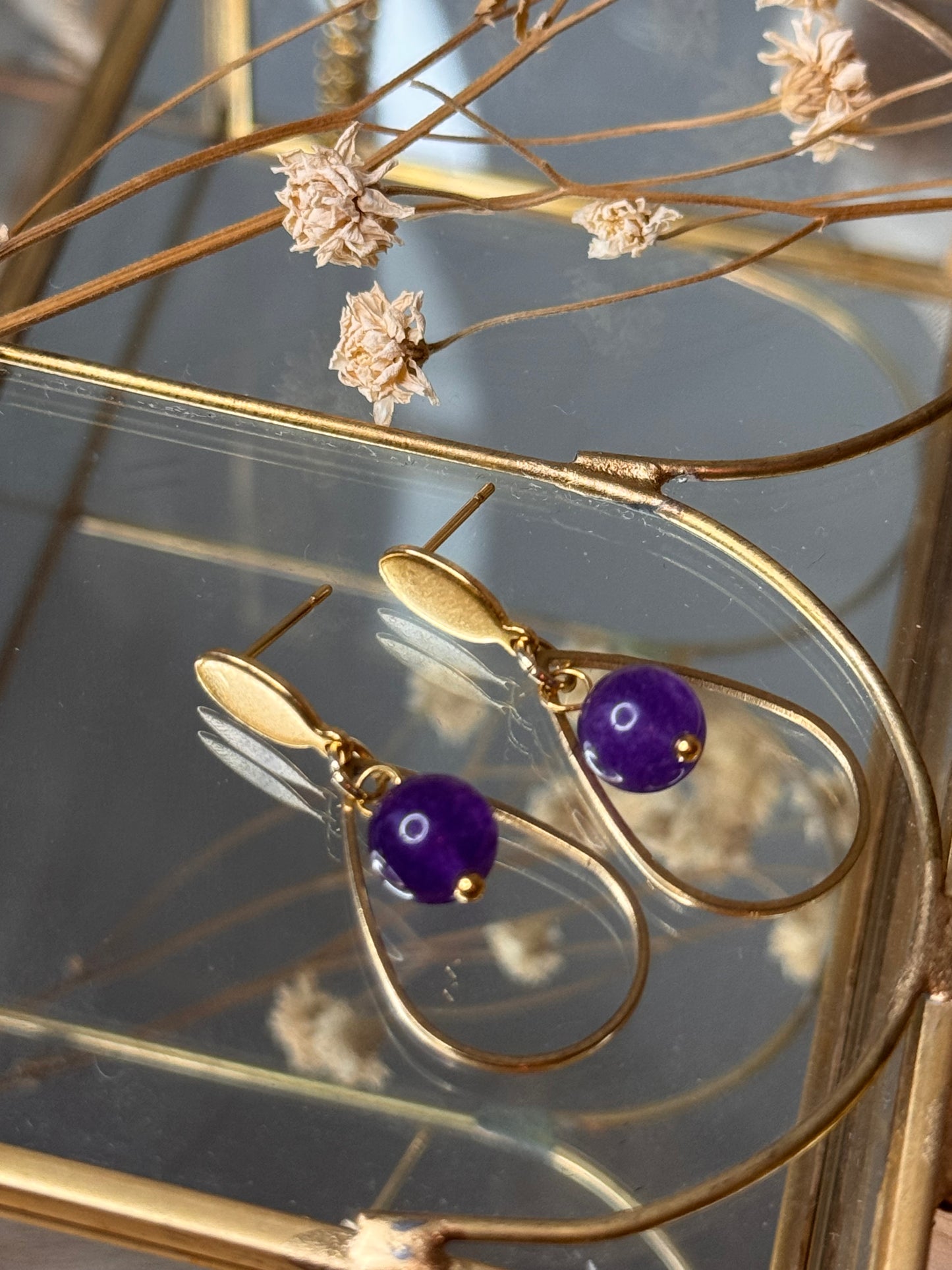 53. Azaléa - Boucles d'Oreilles Pendantes en Acier Inoxydable Doré – Goutte et Perle d’Améthyste