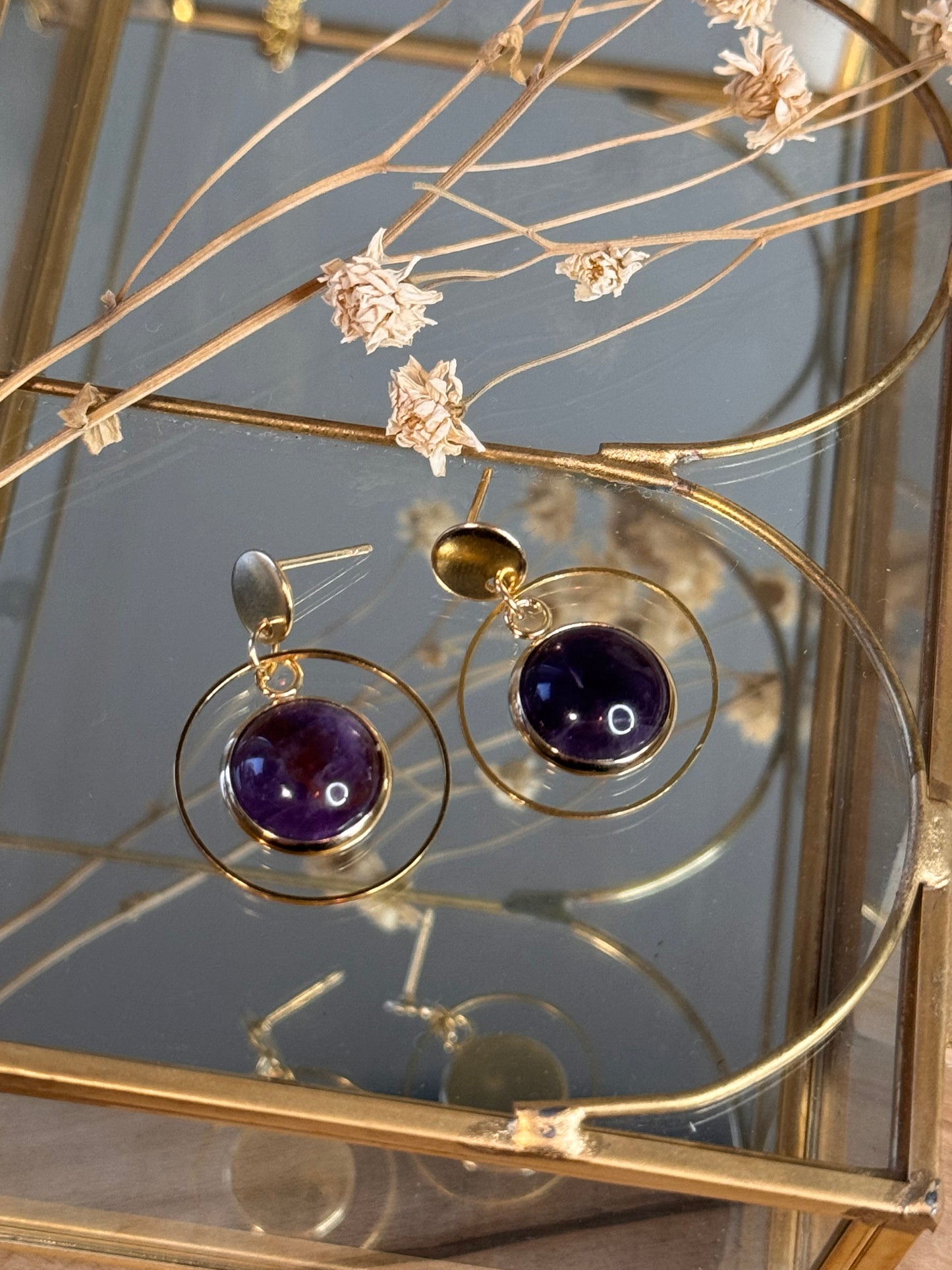 12. Boucles d'Oreilles Pendantes en Acier Inoxydable Doré – Cercle et Améthyste
