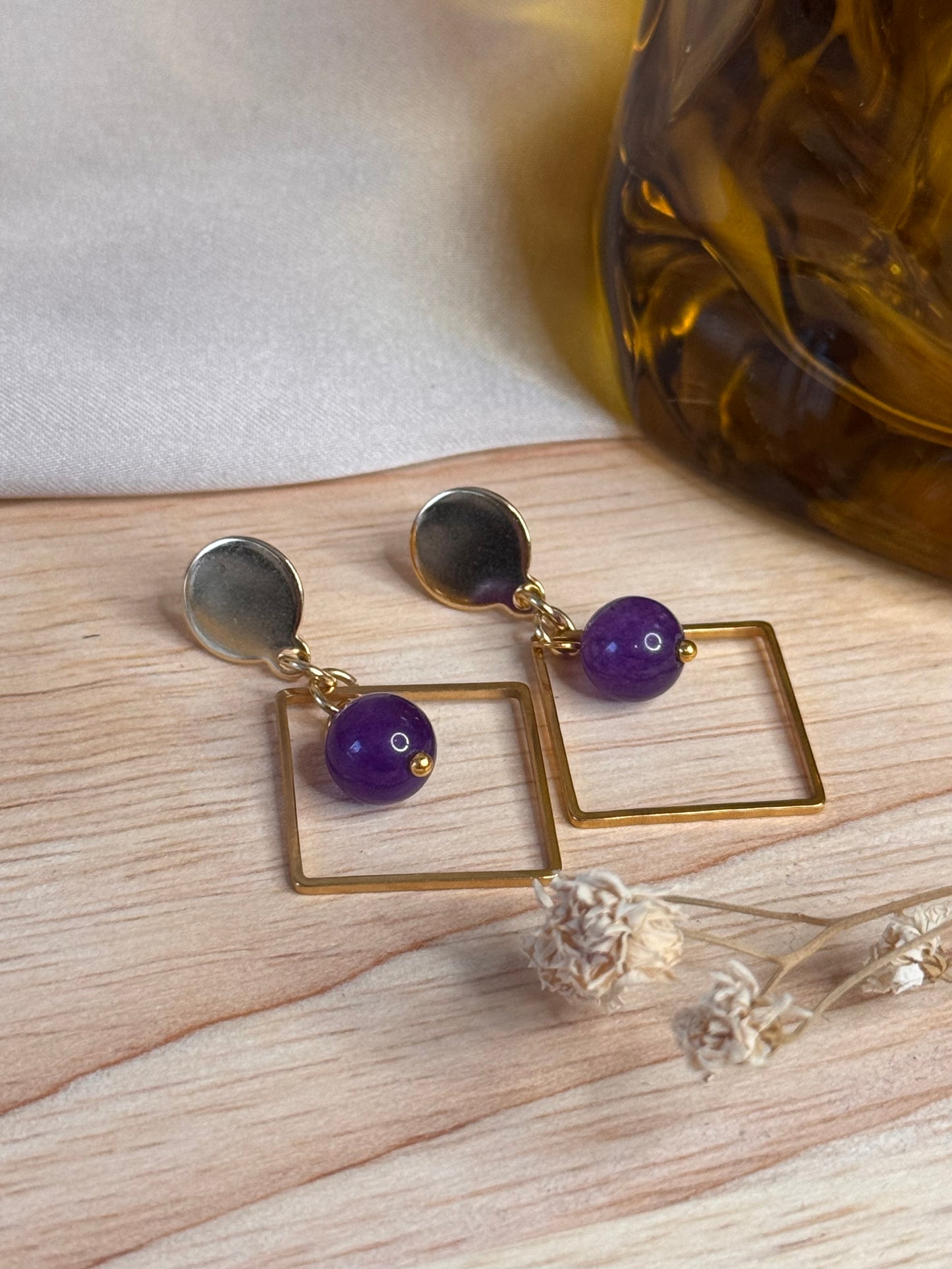 51. Boucles d'Oreilles Pendantes en Acier Inoxydable - Clou d'oreille Rond Losange et Améthyste