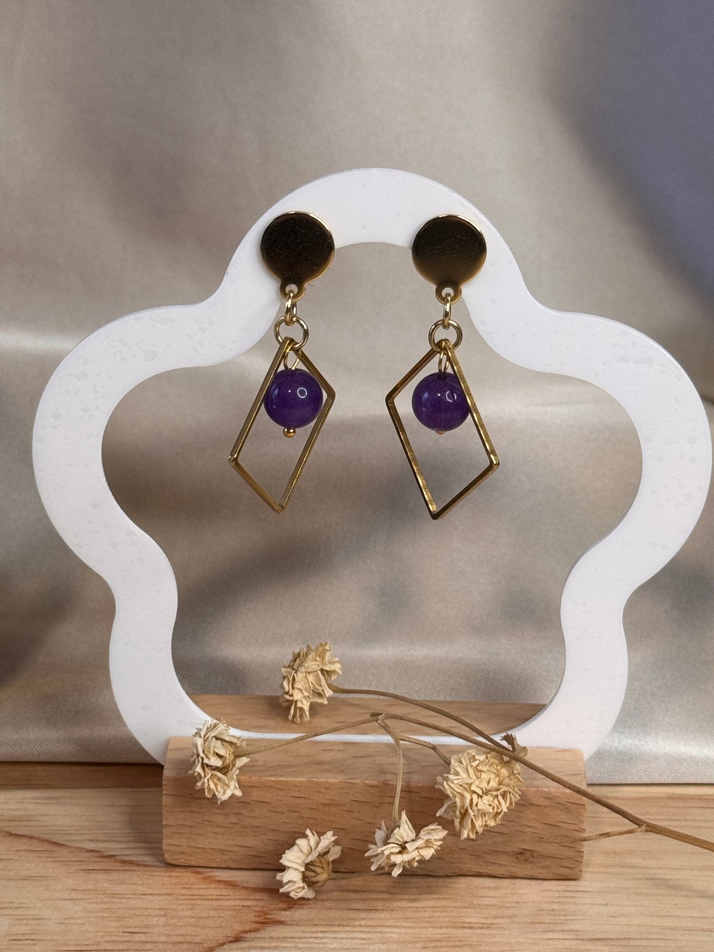 51. Boucles d'Oreilles Pendantes en Acier Inoxydable - Clou d'oreille Rond Losange et Améthyste