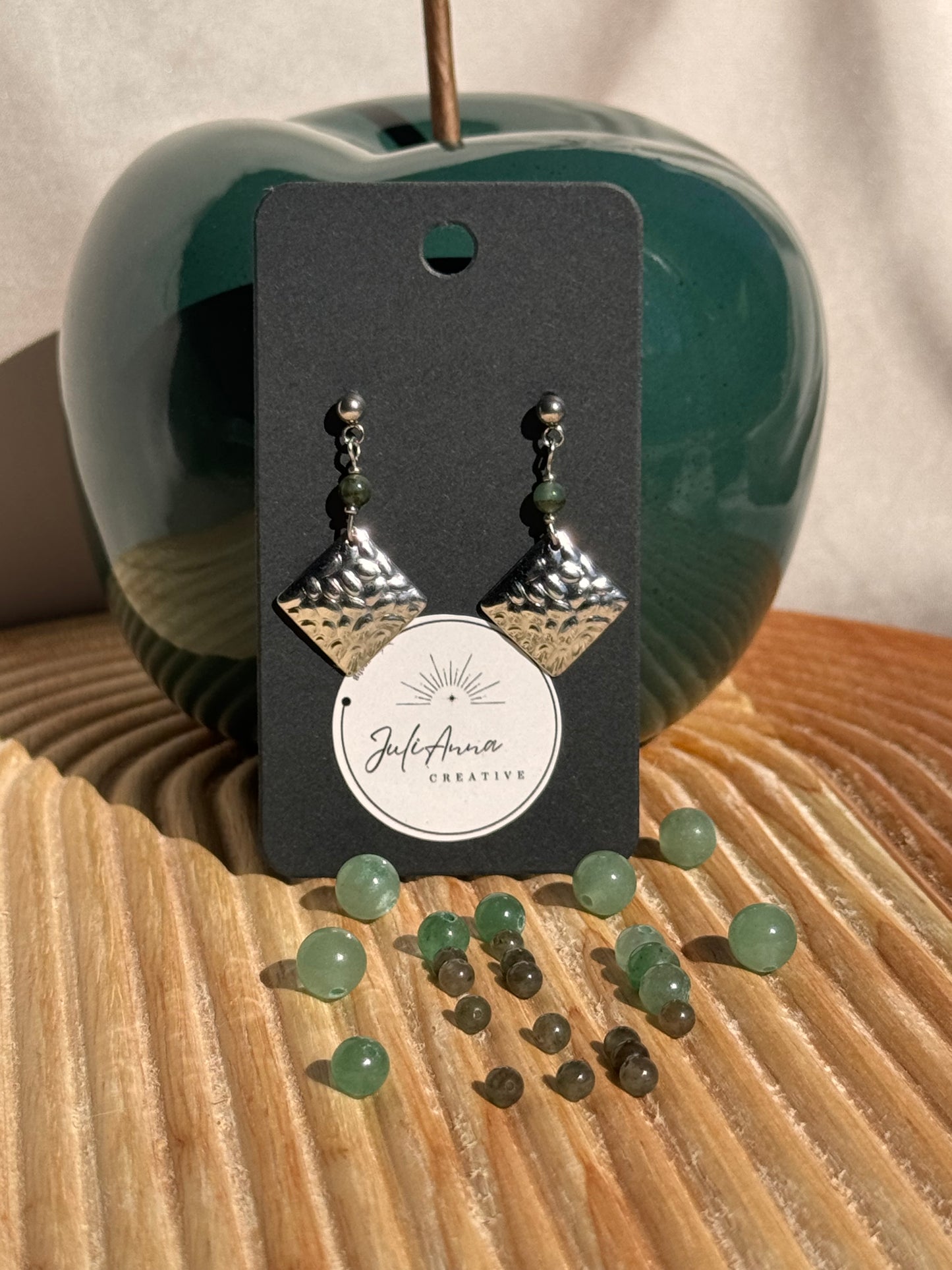 84 - Boucles d'Oreilles Pendantes en Acier Inoxydable argenté- Losange et perle naturelle Aventurine