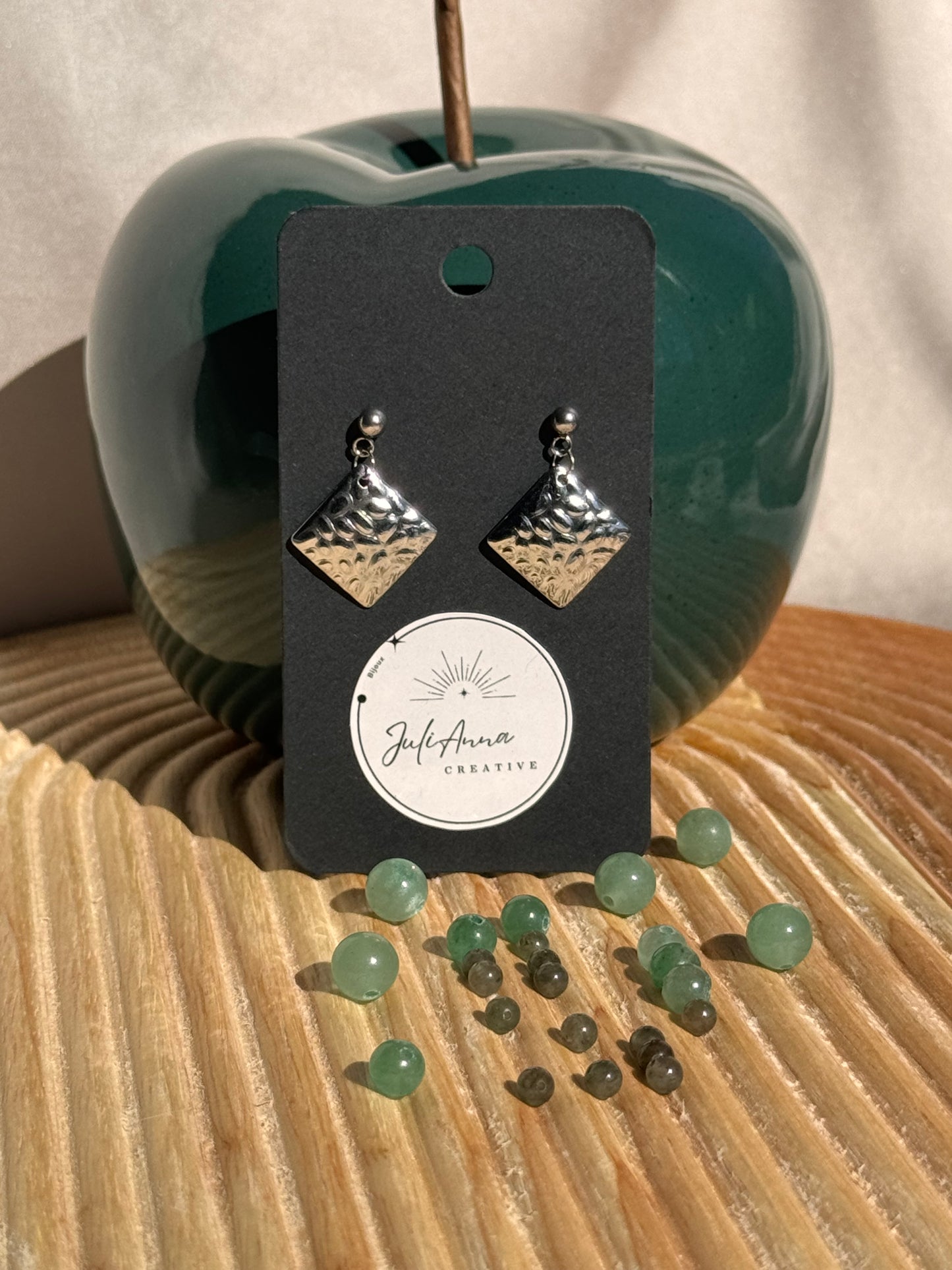84 - Boucles d'Oreilles Pendantes en Acier Inoxydable argenté- Losange et perle naturelle Aventurine