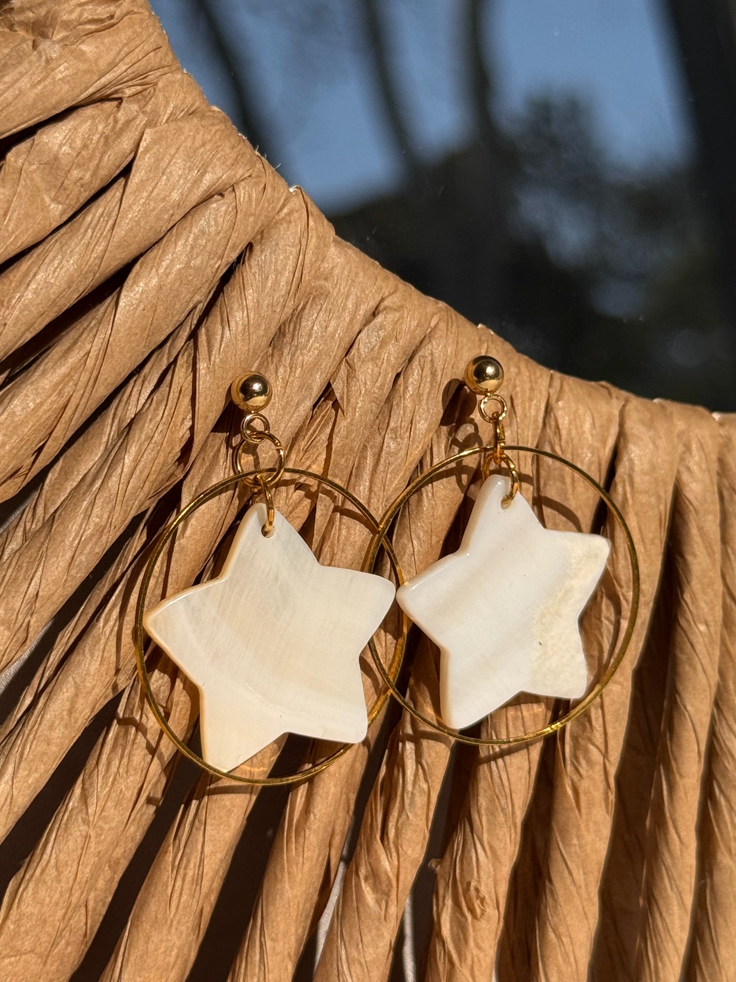 05. Boucles d'oreilles en acier inoxydable doré - Cercle et étoile en nacre
