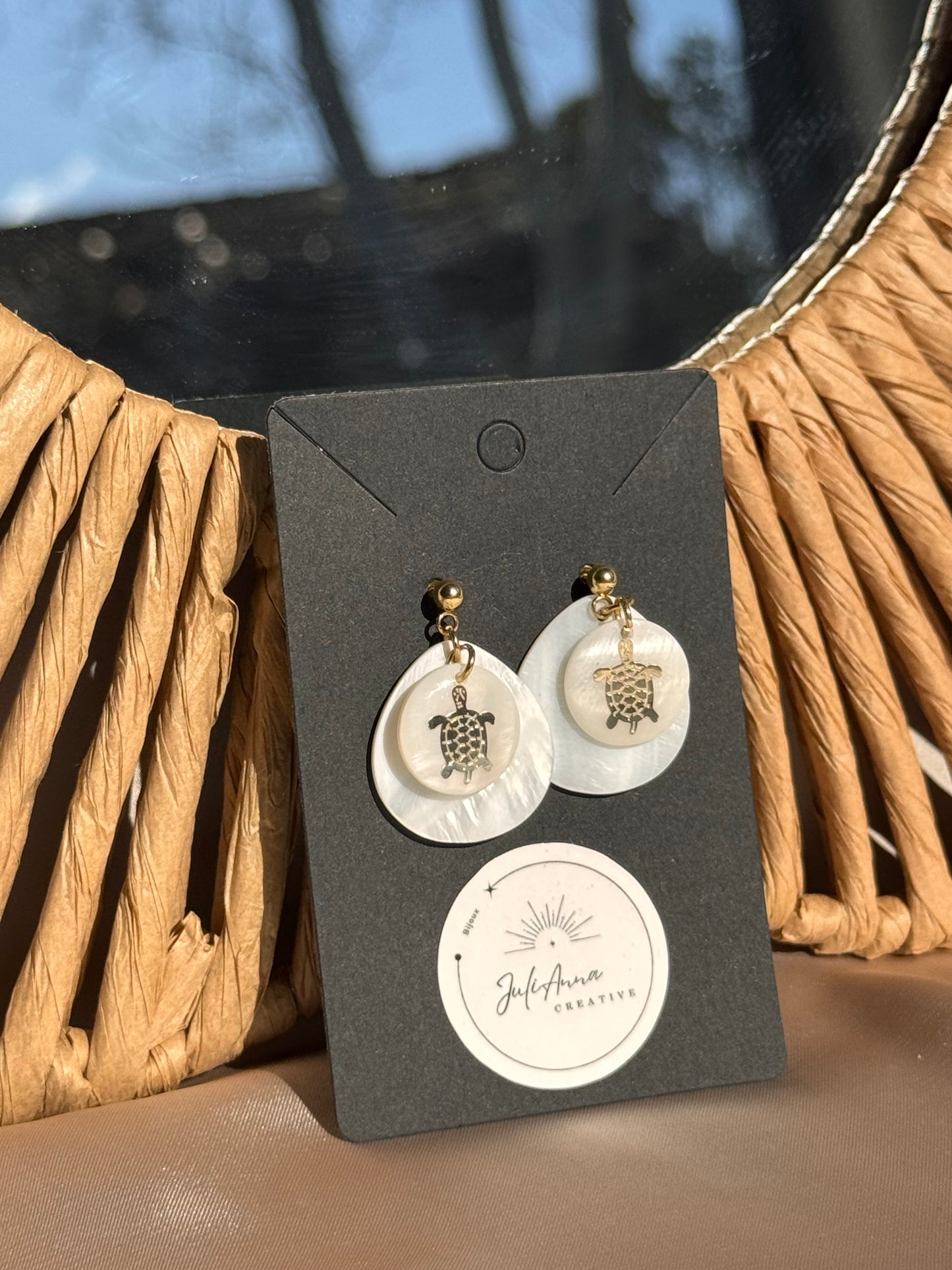 62. Boucles d'Oreilles Pendantes en Acier Inoxydable Doré - Nacre motif tortue
