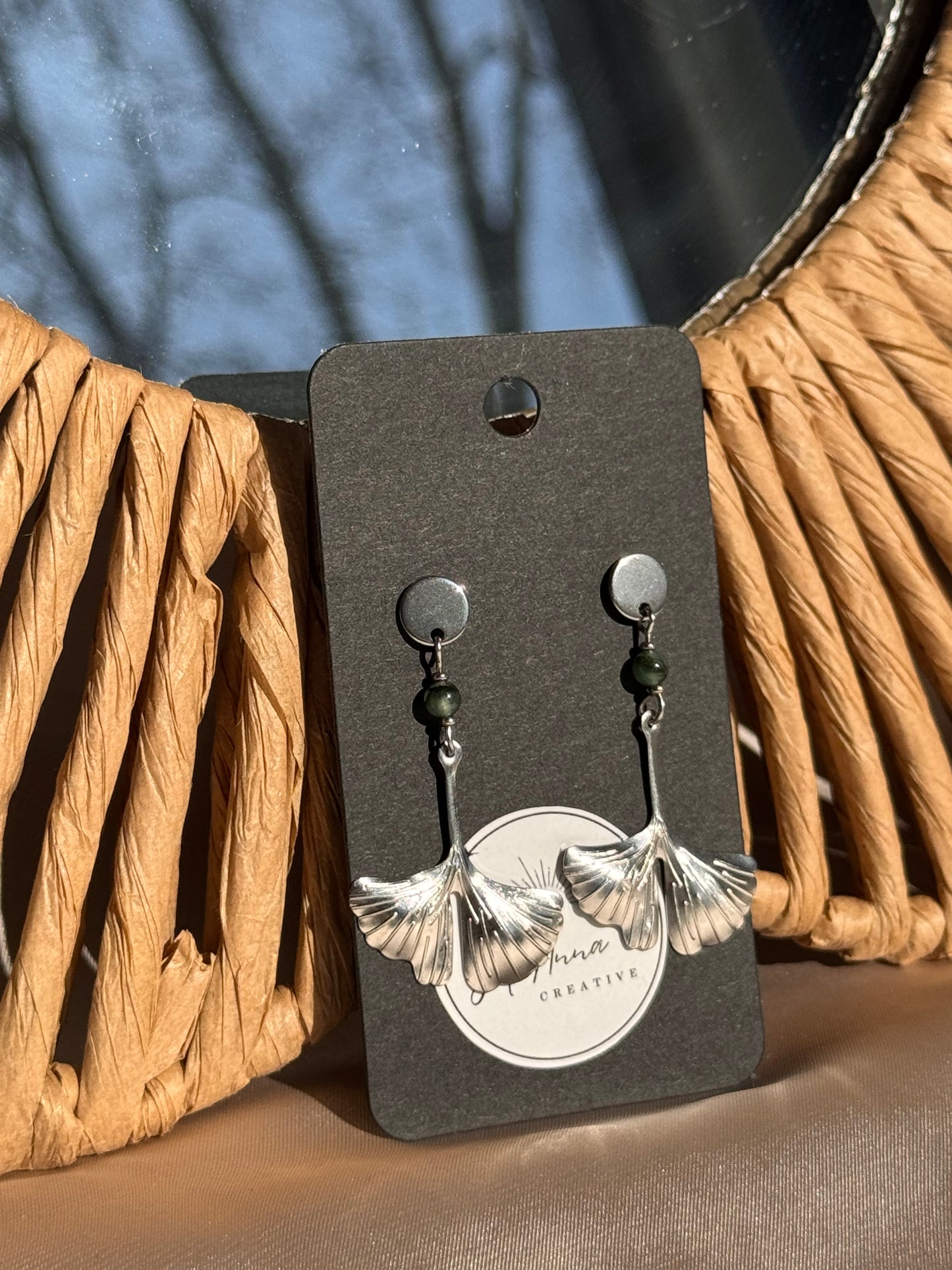 90. Ginkgora - Boucles d'Oreilles Pendantes en Acier Inoxydable - Perle d'Aventurine et Feuille de Ginkgo