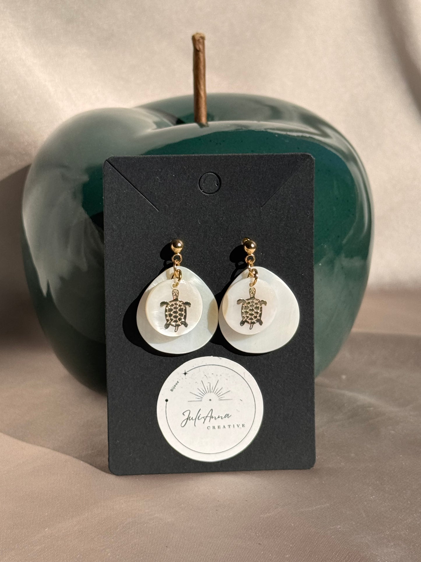 62. Boucles d'Oreilles Pendantes en Acier Inoxydable Doré - Nacre motif tortue