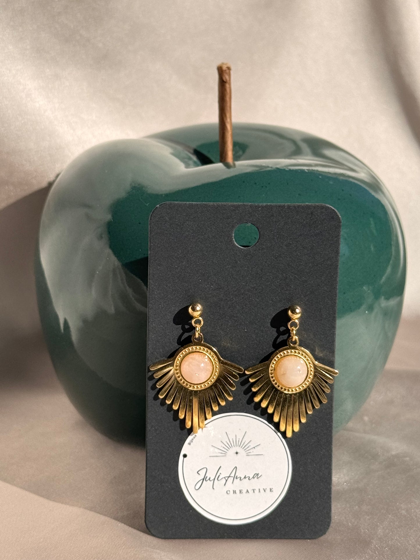 113. Boucles d'Oreilles Pendantes en Acier Inoxydable Doré - Quartz rose