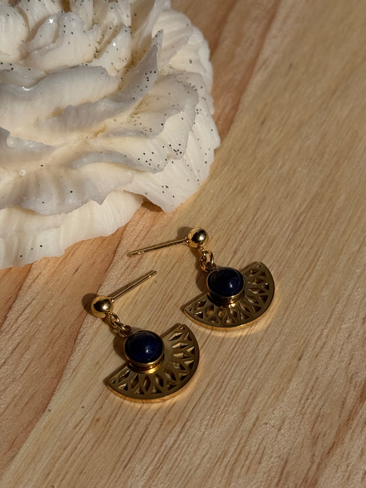 108.  Boucles d'Oreilles Pendantes en Acier Inoxydable Doré - Perle de Lapis Lazuli et éventail doré