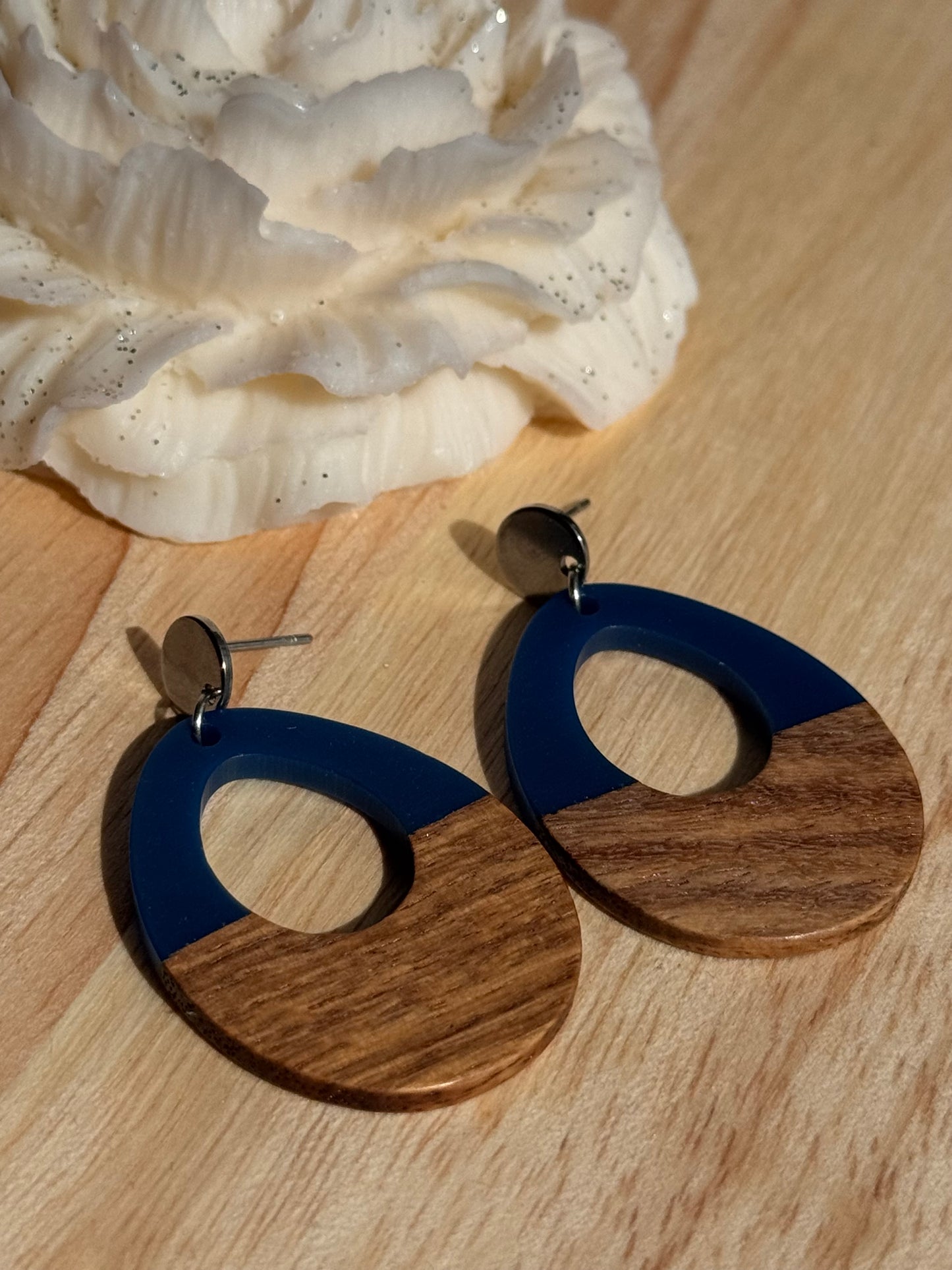 117. Riderwood - Boucles d'oreilles pendantes en acier inoxydable argenté bois et résine