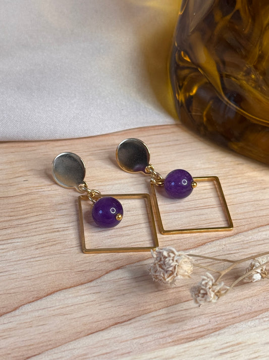 Amethysia - Boucles d'Oreilles Pendantes en Acier Inoxydable - Clou d'oreille Rond Losange et Améthyste