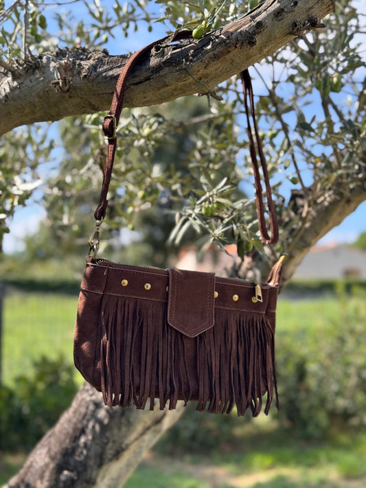 Sac bandoulière bohème marron à franges