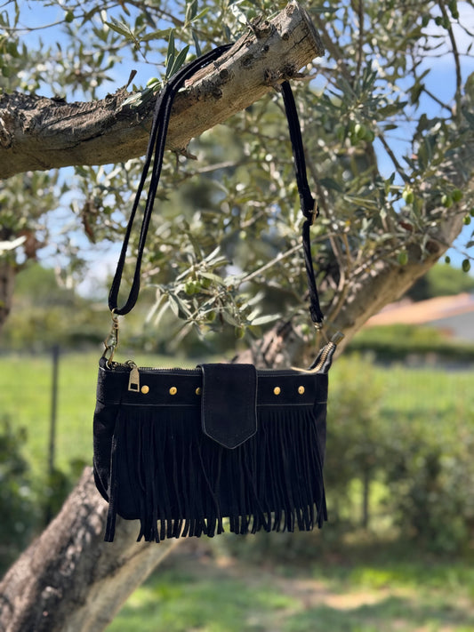 Sac bandoulière bohème noir à franges