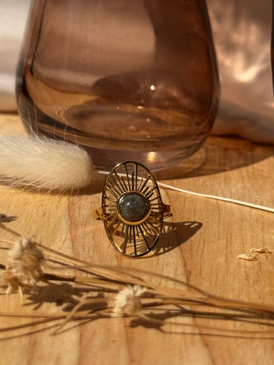 Bague Dorée Rayna pierre gris foncé – Élégance solaire en acier inoxydable