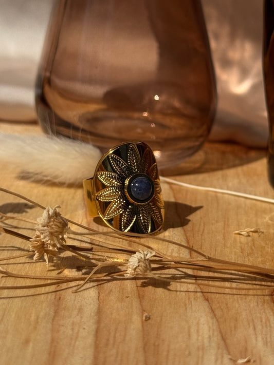 Bague "Soleil Azur" – Acier inoxydable doré & pierre bleue