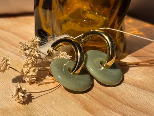 Boucles d’Oreilles Créoles Épaisses en Acier Inoxydable & Résine Vert Jade