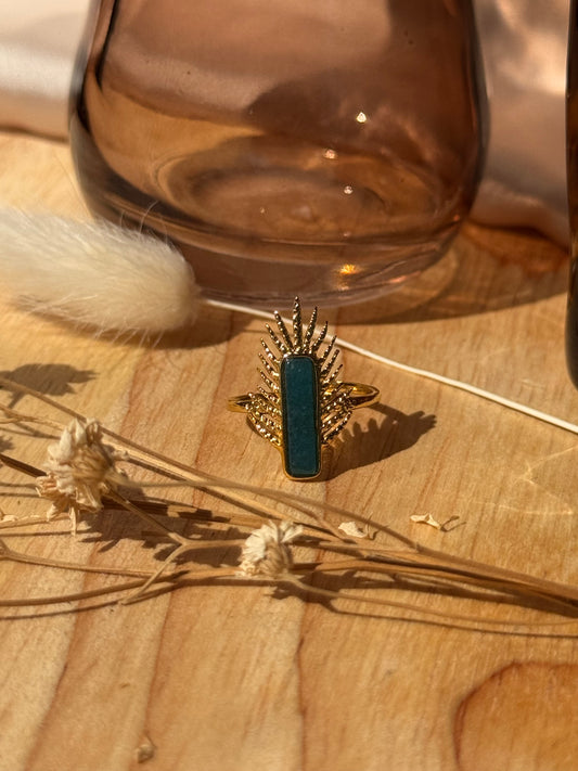 Bague fine feuille et rectangle Vert - Acier inoxydable