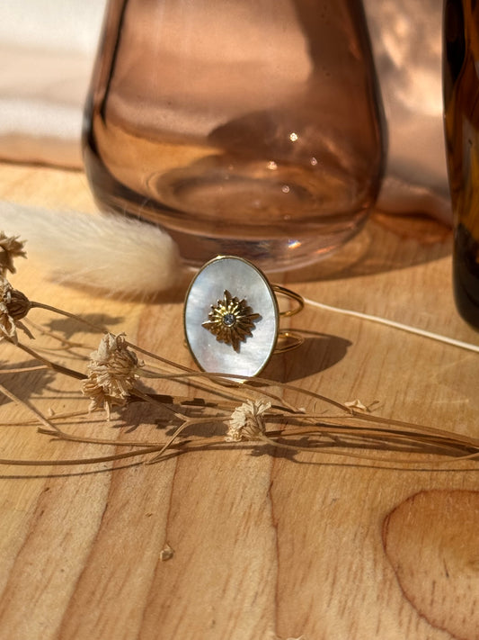 Bague « Lune Dorée » – Acier inoxydable & Nacre blanche