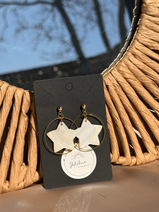 05. Boucles d'oreilles en acier inoxydable doré - Cercle et étoile en nacre