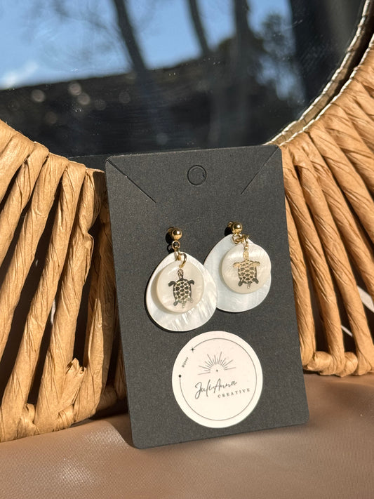 62. Boucles d'Oreilles Pendantes en Acier Inoxydable Doré - Nacre motif tortue