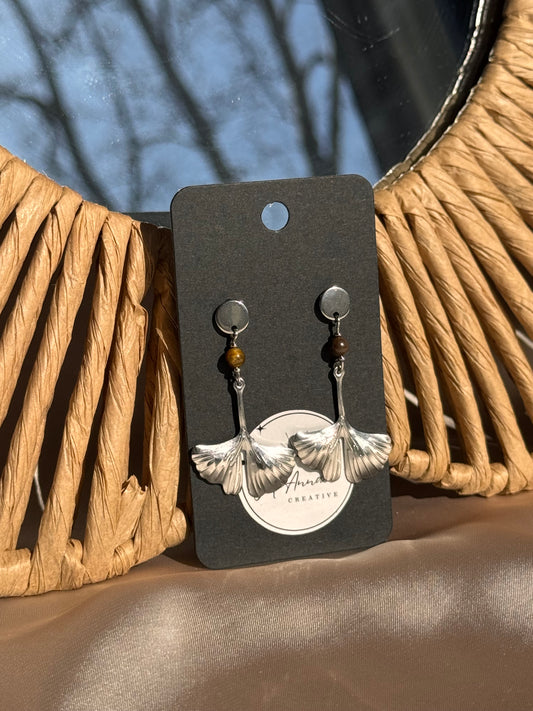 86. Boucles d'Oreilles Pendantes en Acier Inoxydable - Perle œil de tigre et Feuille de Ginkgo