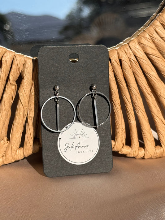 94. Boucles d'Oreilles Pendantes en Acier Inoxydable Argenté avec Cercle et Barre Verticale